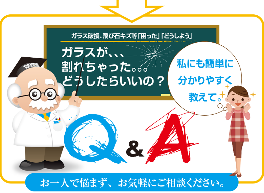 ガラス破損、飛び石キズ等「困った」「どうしよう」